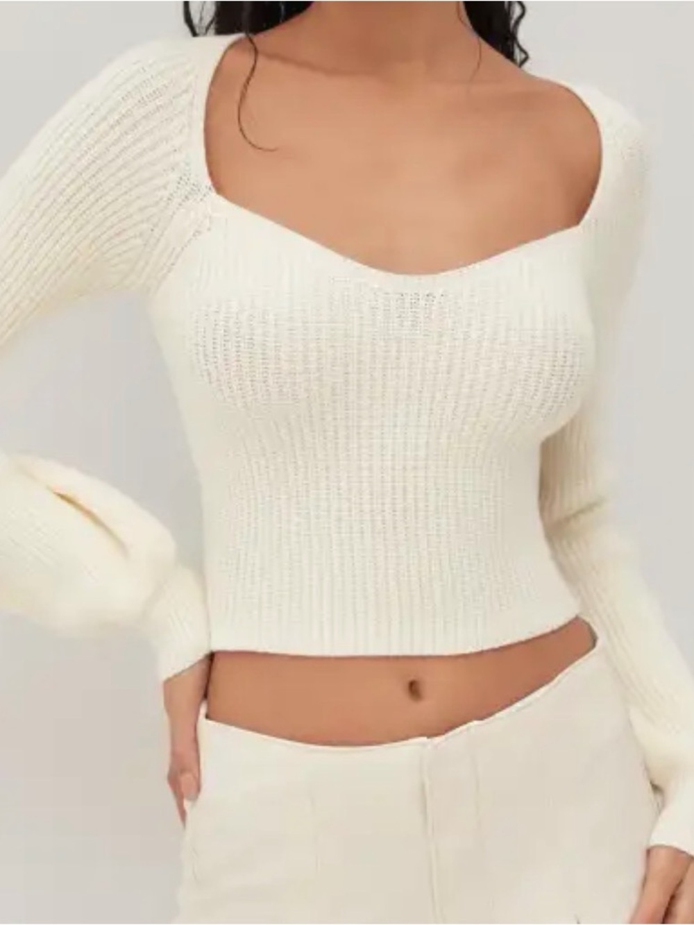 Knit V-neck Solid Lantern Sleeve Crop Top
